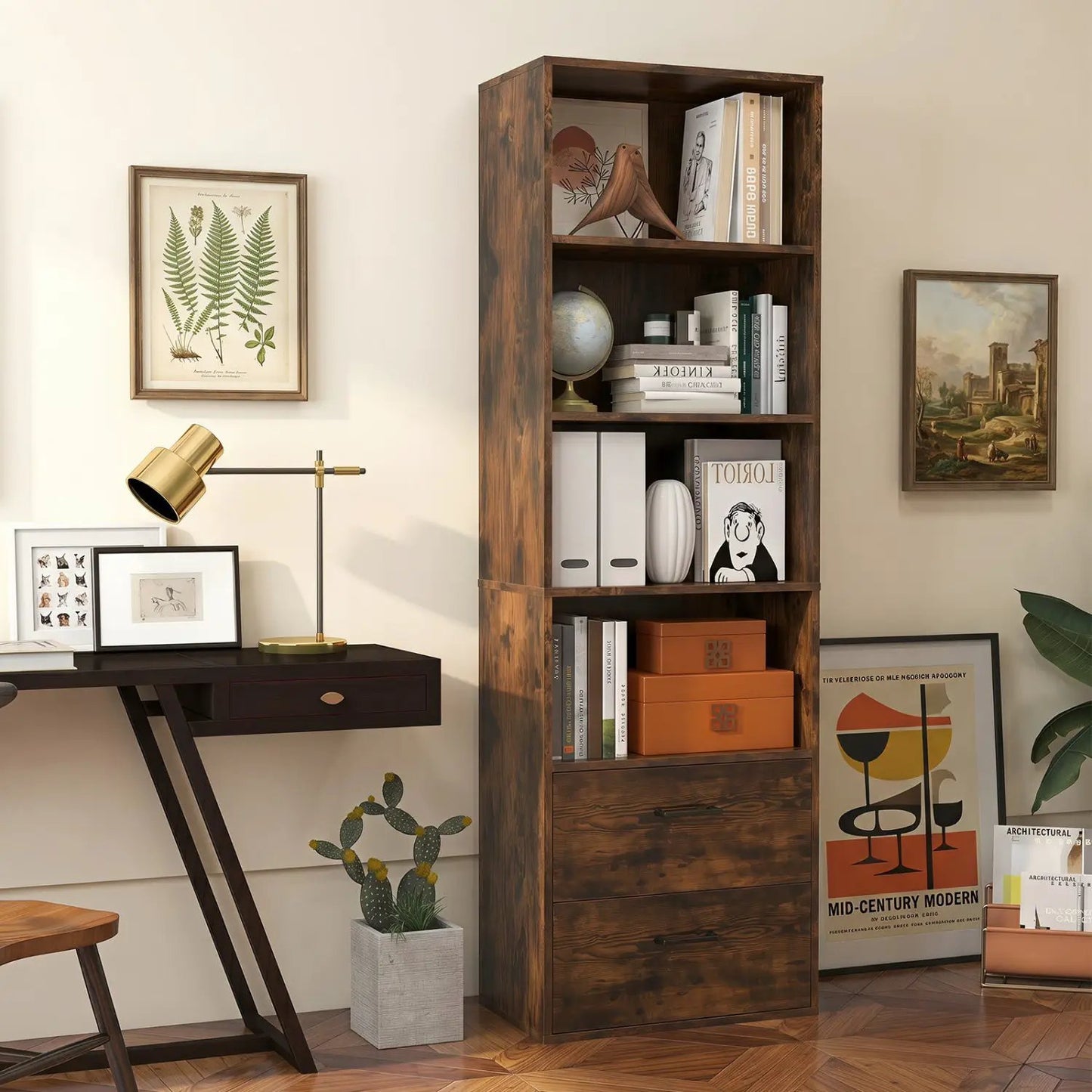 Tall Bookshelf With Drawers In Rustic Brown