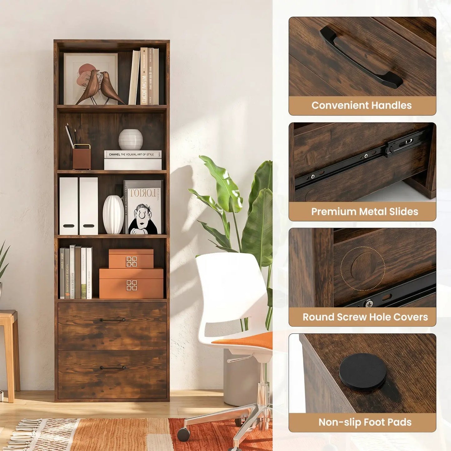 Tall Bookshelf With Drawers In Rustic Brown