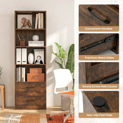 Tall Bookshelf With Drawers In Rustic Brown