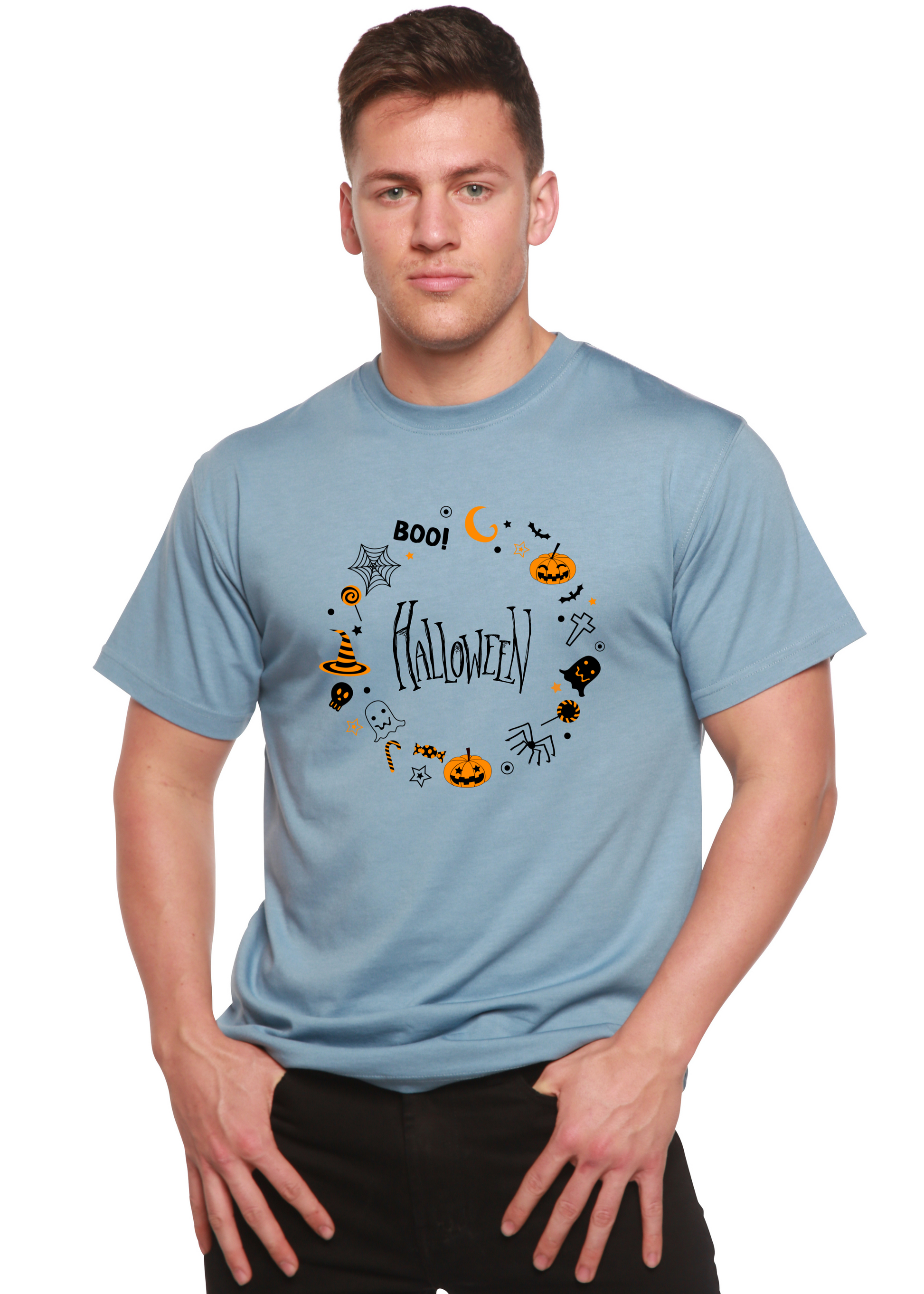 Bool Halloween Men's Bamboo Cotton Short Sleeve Graphic Tee, light blue, Spun Bamboo on Tampa Home & Garden Store