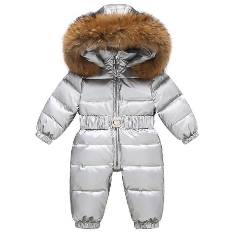 Stevvex baby snowsuit silver metallic puffer with fur-trim hood and belt on Tampa Home & Garden Store