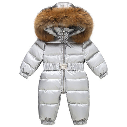Stevvex baby snowsuit silver metallic puffer with fur-trim hood and belt on Tampa Home & Garden Store