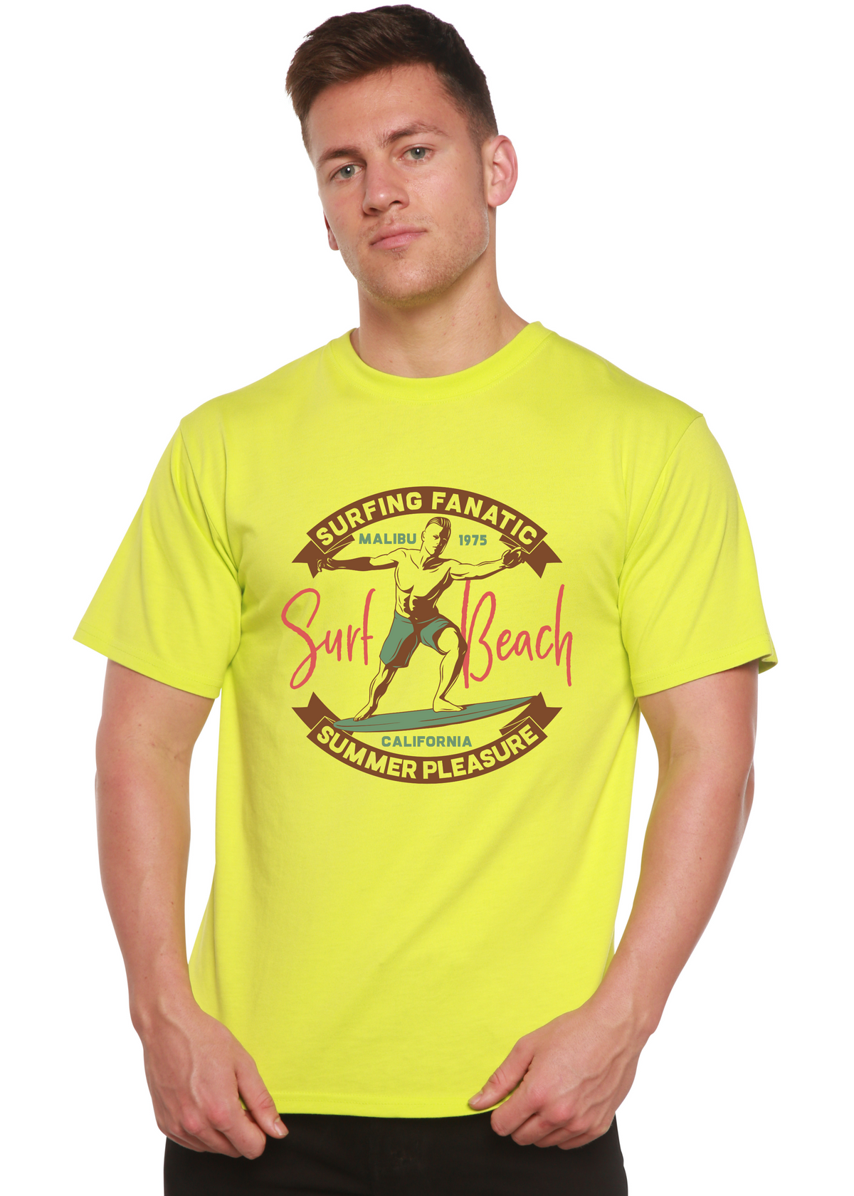Surf Beach men's graphic T-shirt neon yellow by Spun Bamboo; bamboo viscose/organic cotton on Tampa Home & Garden Store