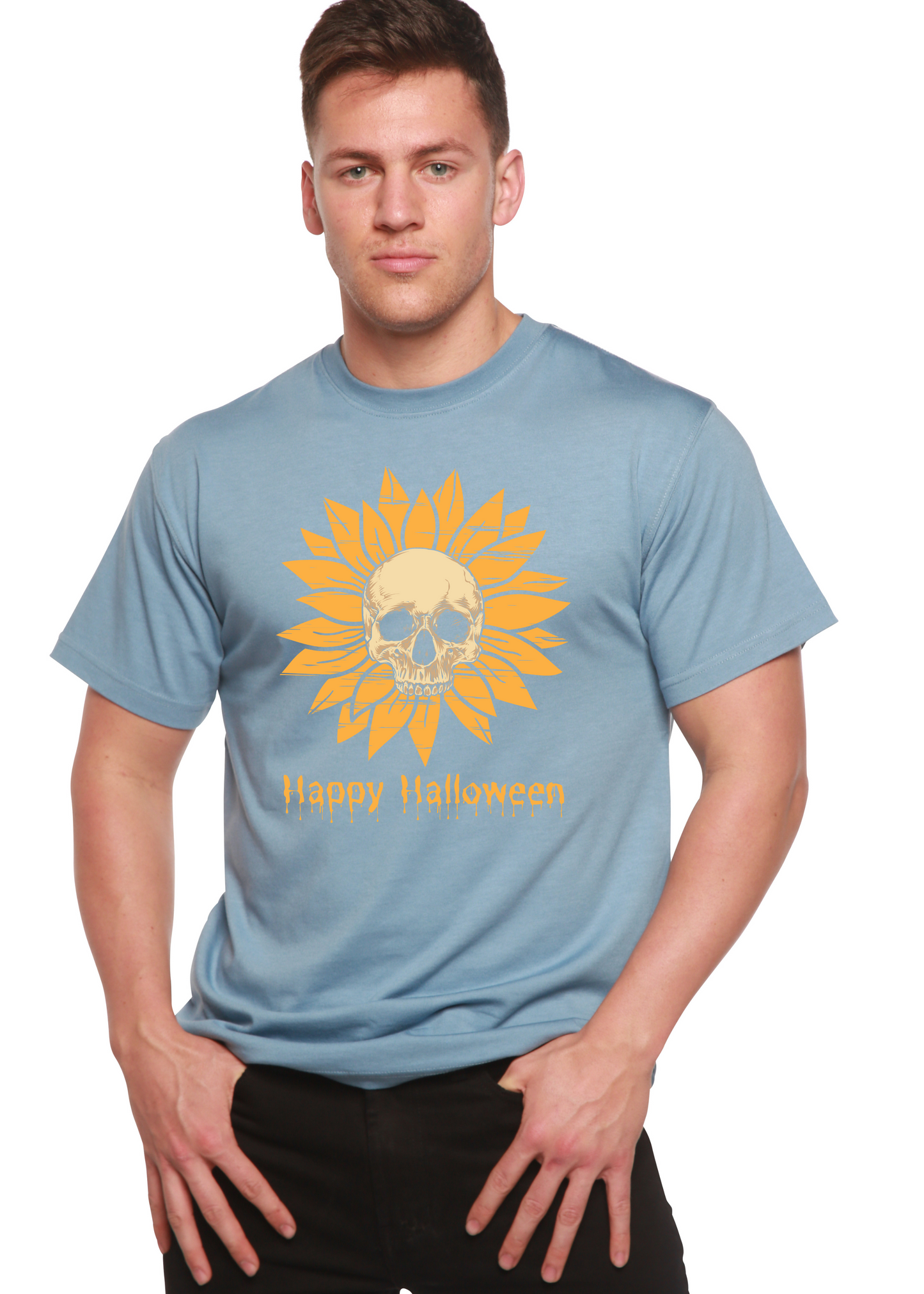 Men's graphic T-shirt in blue with yellow skull sunflower design, bamboo viscose/organic cotton on Tampa Home & Garden Store