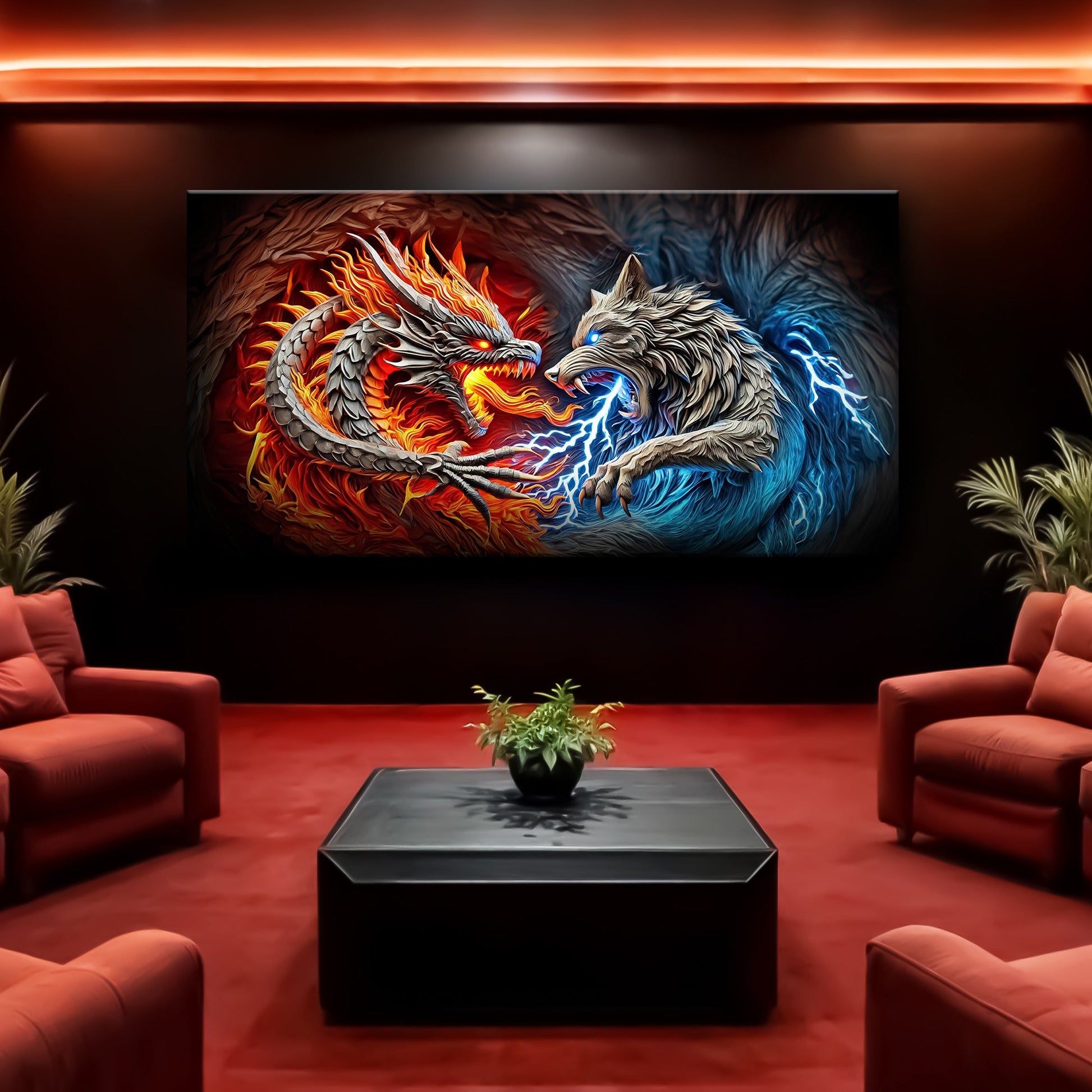3D Dragon and Wolf Wall Art canvas shows fiery orange dragon battling an icy blue wolf on Tampa Home & Garden Store