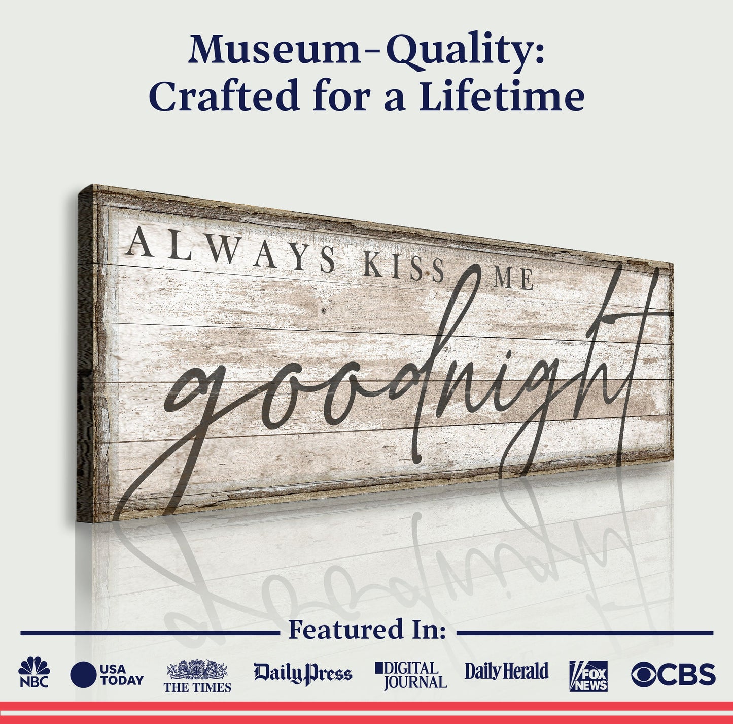 Always Kiss Me Goodnight Bedroom Sign II canvas with rustic wood plank and cursive script on Tampa Home & Garden Store