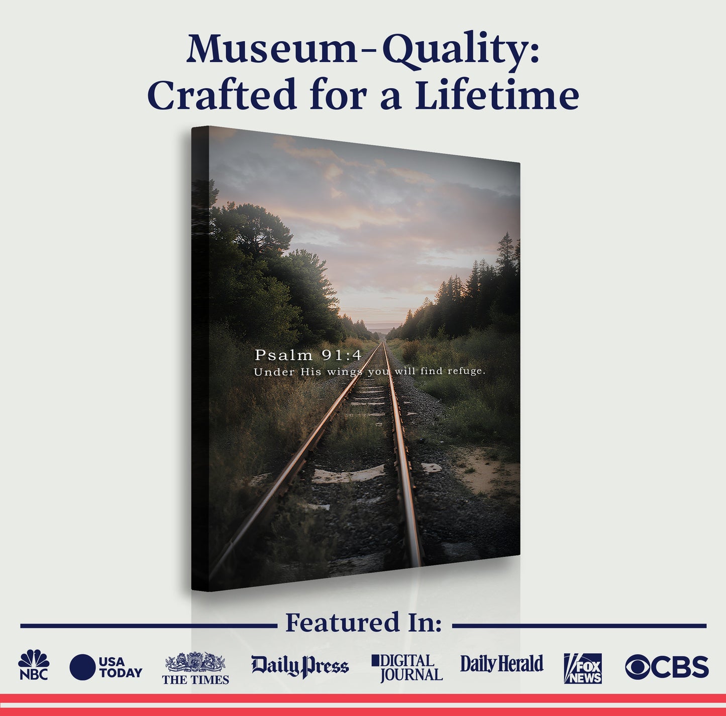 Tailored Canvases canvas wall art Psalm 91:4 Under His Wings Refuge forest rail track on Tampa Home & Garden Store