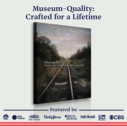 Tailored Canvases canvas wall art Psalm 91:4 Under His Wings Refuge forest rail track on Tampa Home & Garden Store