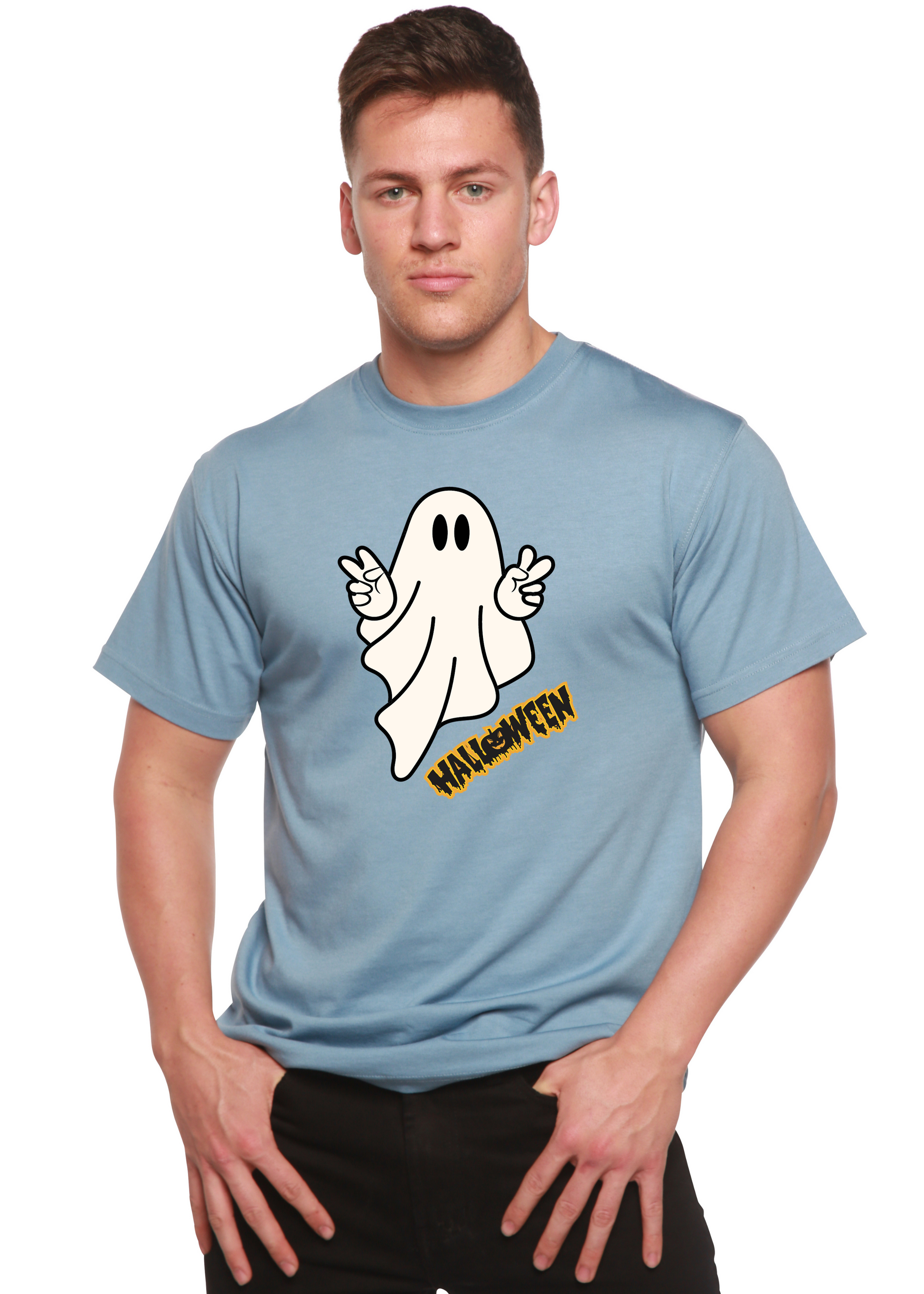 Halloween Ghost tee in light blue with white ghost and orange HALLOWEEN Spun Bamboo short sleeves on Tampa Home & Garden Store