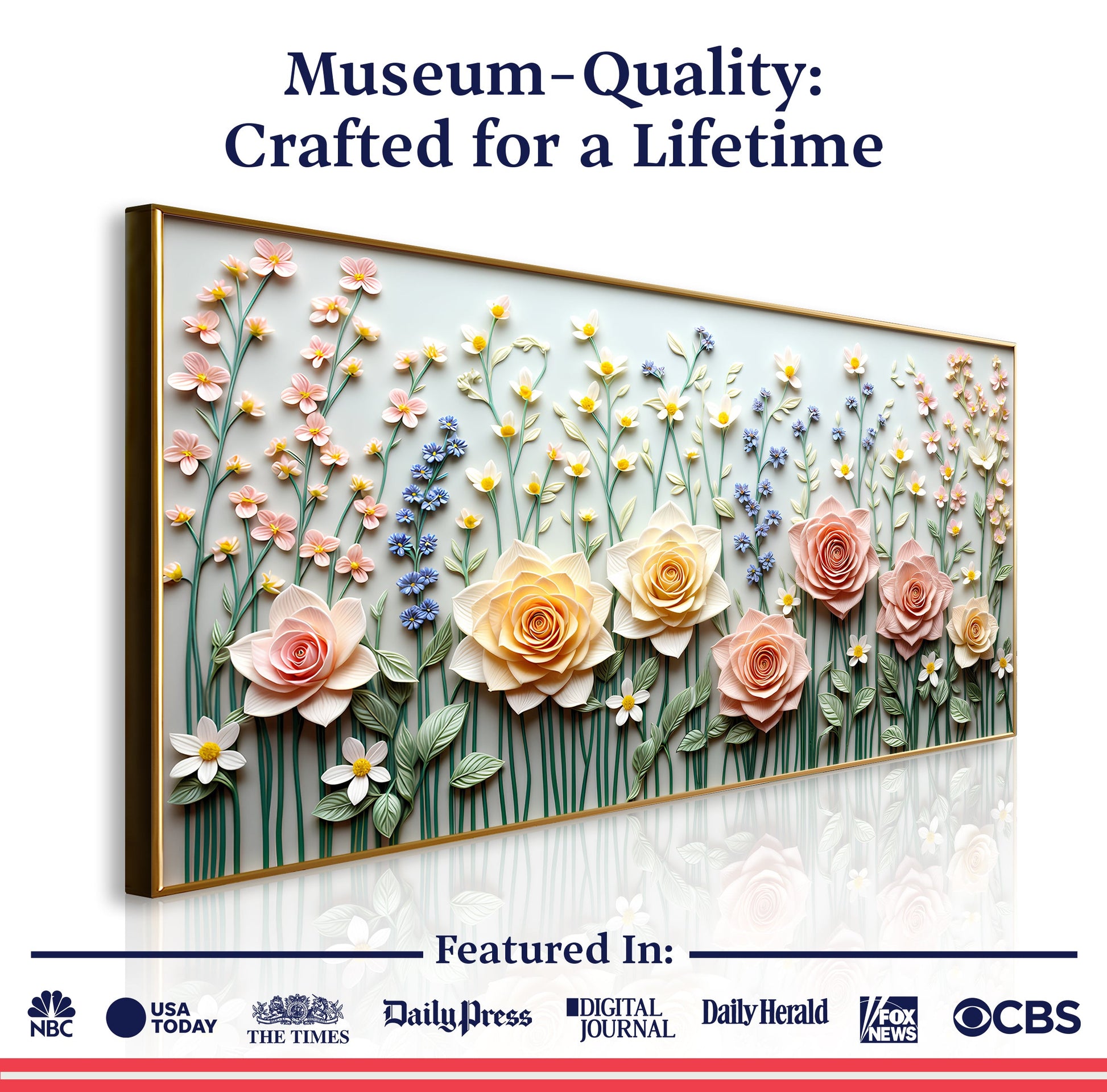 Garden Rhapsody Wall Art canvas framed in gold with 3D pink, yellow and white flowers on Tampa Home & Garden Store