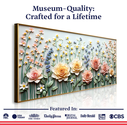 Garden Rhapsody Wall Art canvas framed in gold with 3D pink, yellow and white flowers on Tampa Home & Garden Store