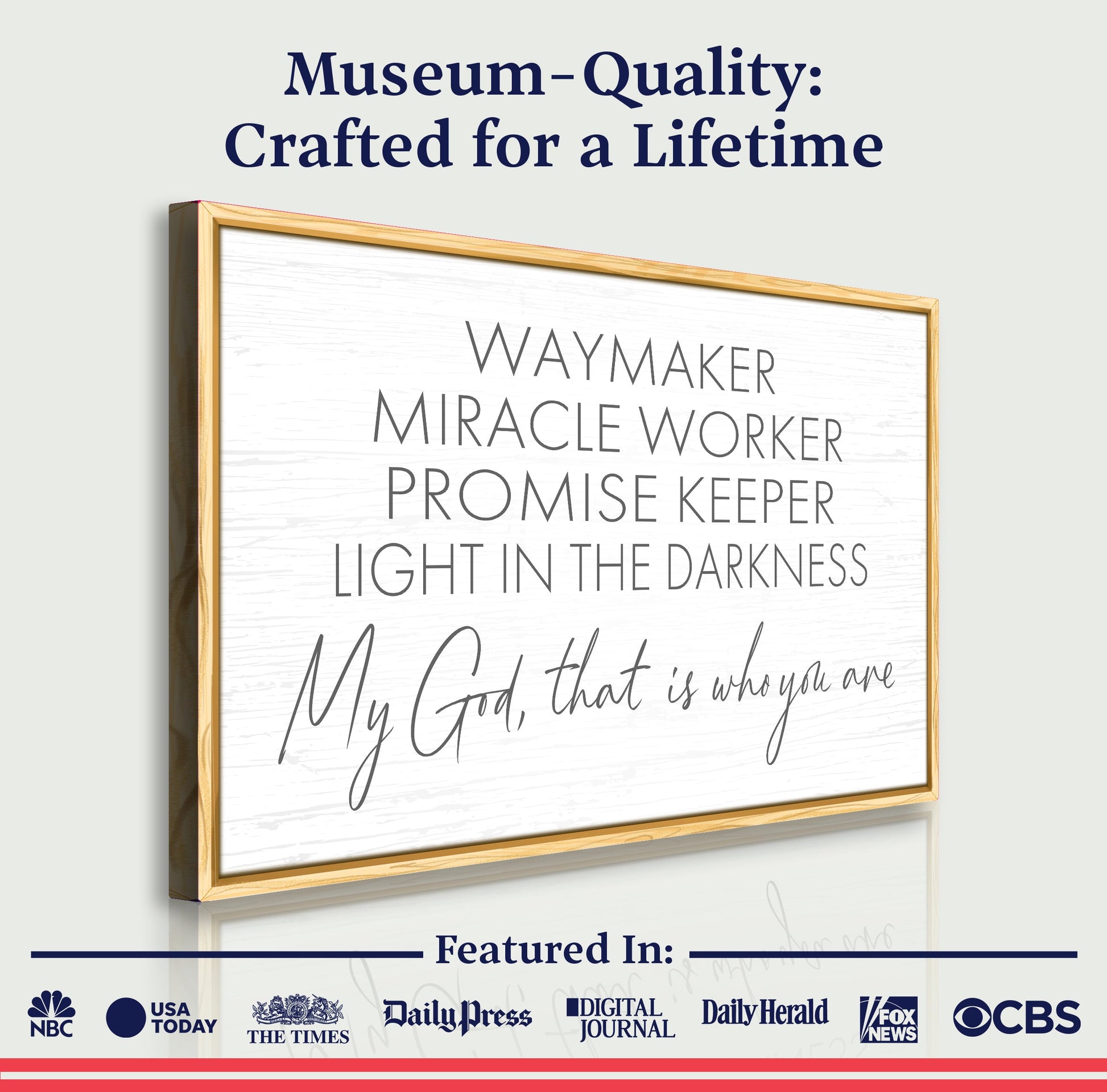 My God Way Maker Miracle Worker Faith Sign II canvas by Tailored Canvases framed in light wood on Tampa Home & Garden Store