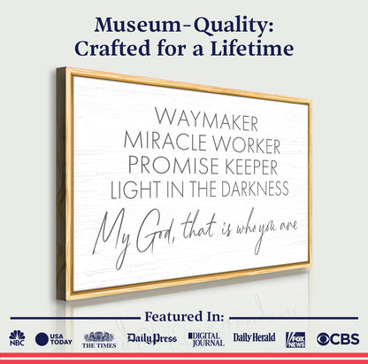 My God Way Maker Miracle Worker Faith Sign II canvas by Tailored Canvases framed in light wood on Tampa Home & Garden Store