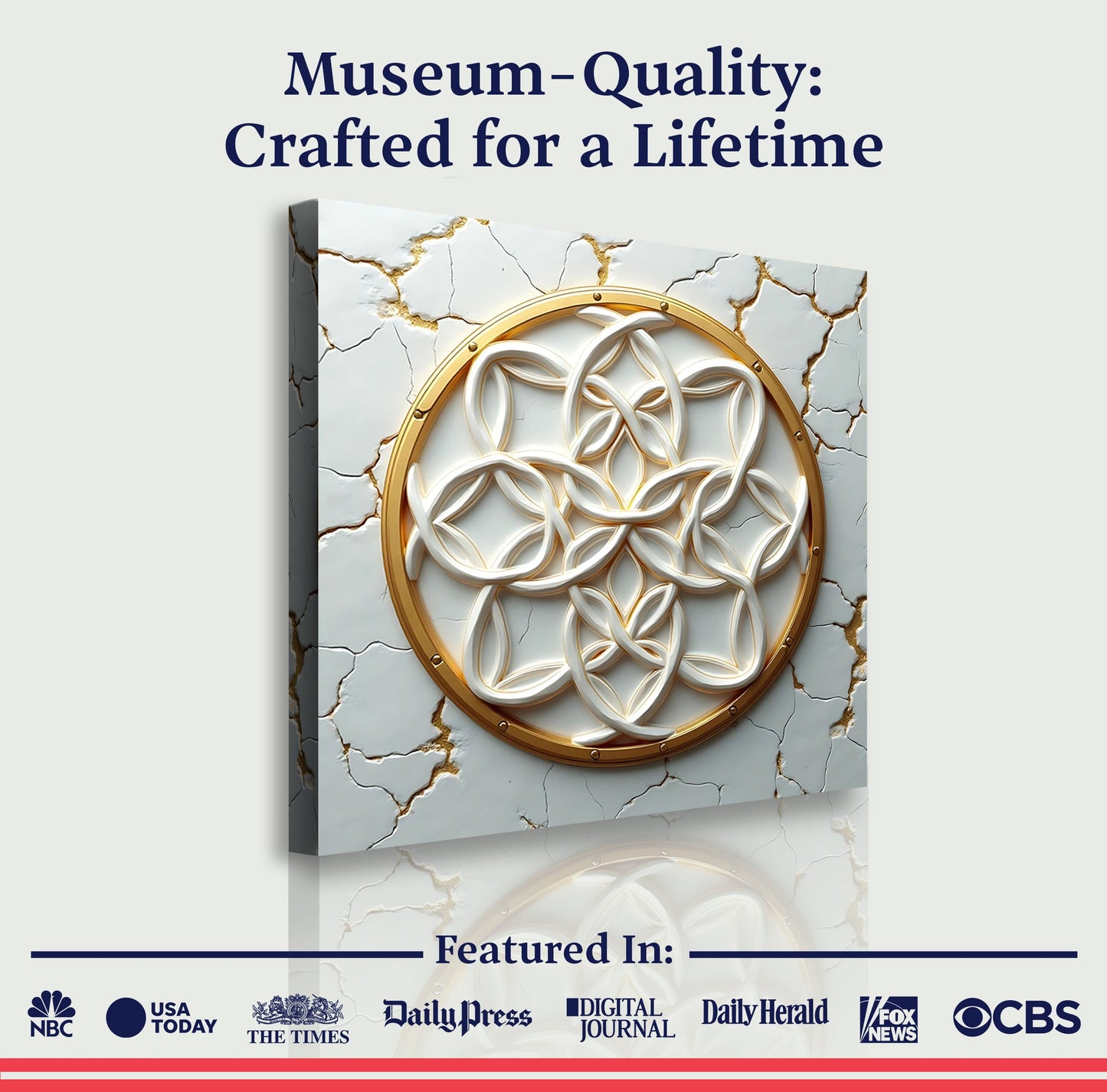 Flower of Life wall art canvas with gold ring frame and interlaced motif on cracked marble on Tampa Home & Garden Store