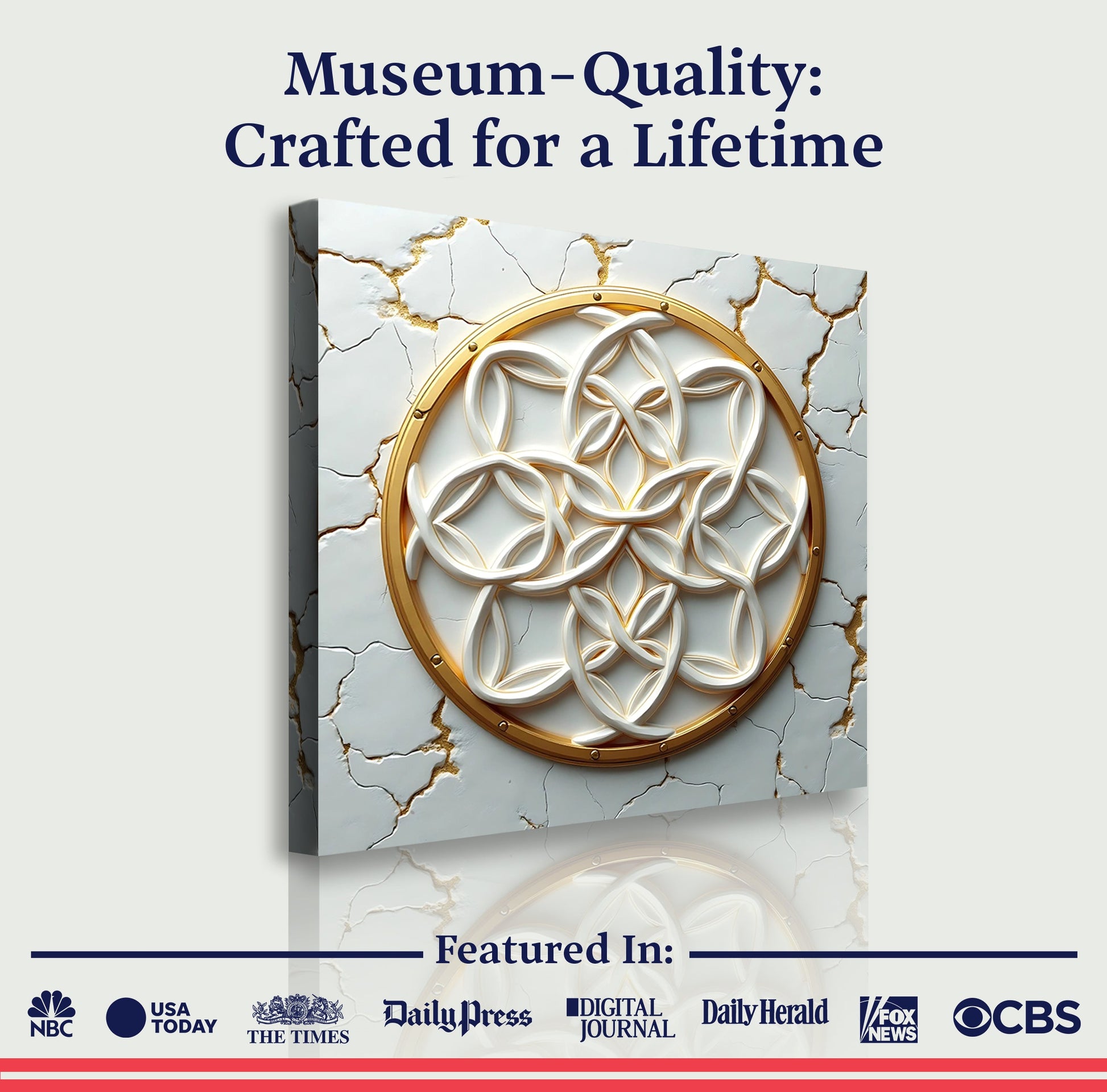 Flower of Life wall art canvas with gold ring frame and interlaced motif on cracked marble on Tampa Home & Garden Store