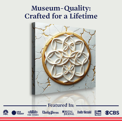 Flower of Life wall art canvas with gold ring frame and interlaced motif on cracked marble on Tampa Home & Garden Store