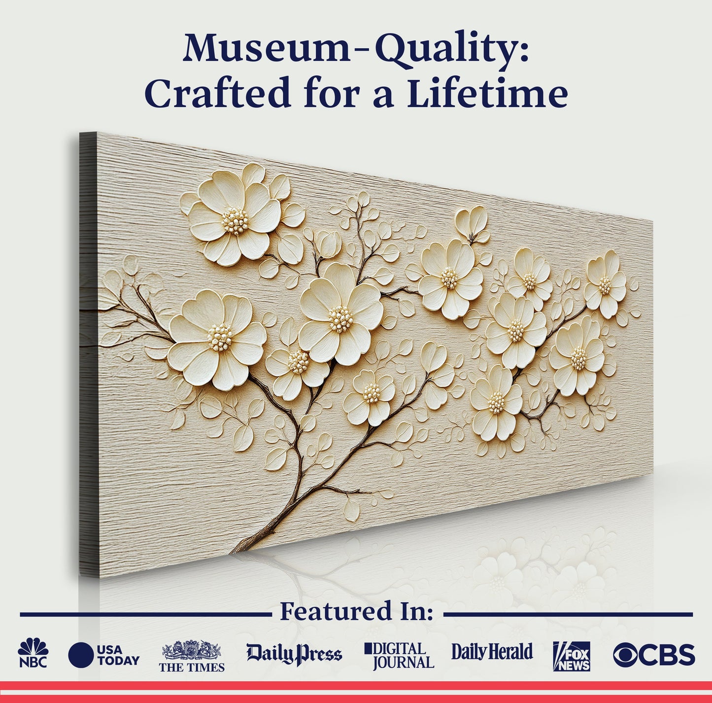 Minimalist Wall Art VIII canvas with cream floral relief on light wood background on Tampa Home & Garden Store