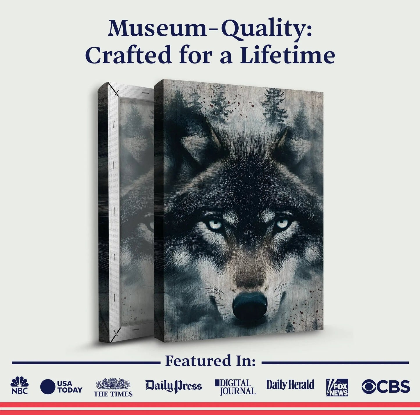 Wolf Double Exposure Wall Art III canvas by Tailored Canvases, 3-panel blue-eyed wolf on Tampa Home & Garden Store