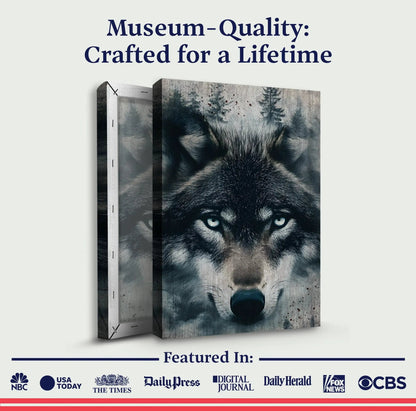 Wolf Double Exposure Wall Art III canvas by Tailored Canvases, 3-panel blue-eyed wolf on Tampa Home & Garden Store