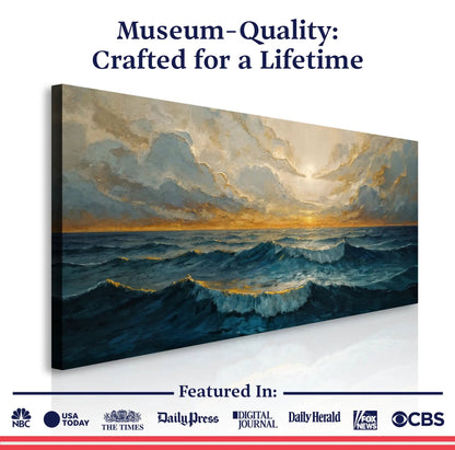 Waterscape Abstract Wall Art XI canvas shows moody waves, dramatic sky with golden glow on Tampa Home & Garden Store