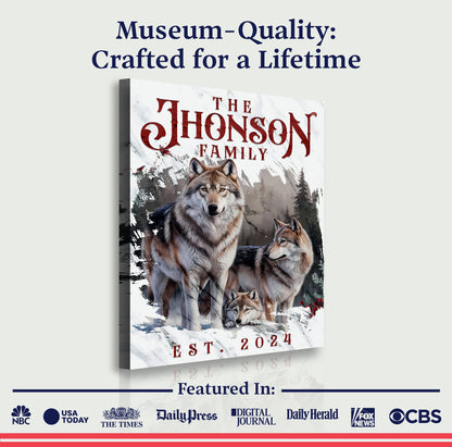 Personalized Wolf Family Canvas with red title and wolves scene on Tampa Home & Garden Store