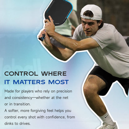 Sophon Pickleball Paddle 16mm, Warping Point, black with blue trim, in action beside a male player on Tampa Home & Garden Store