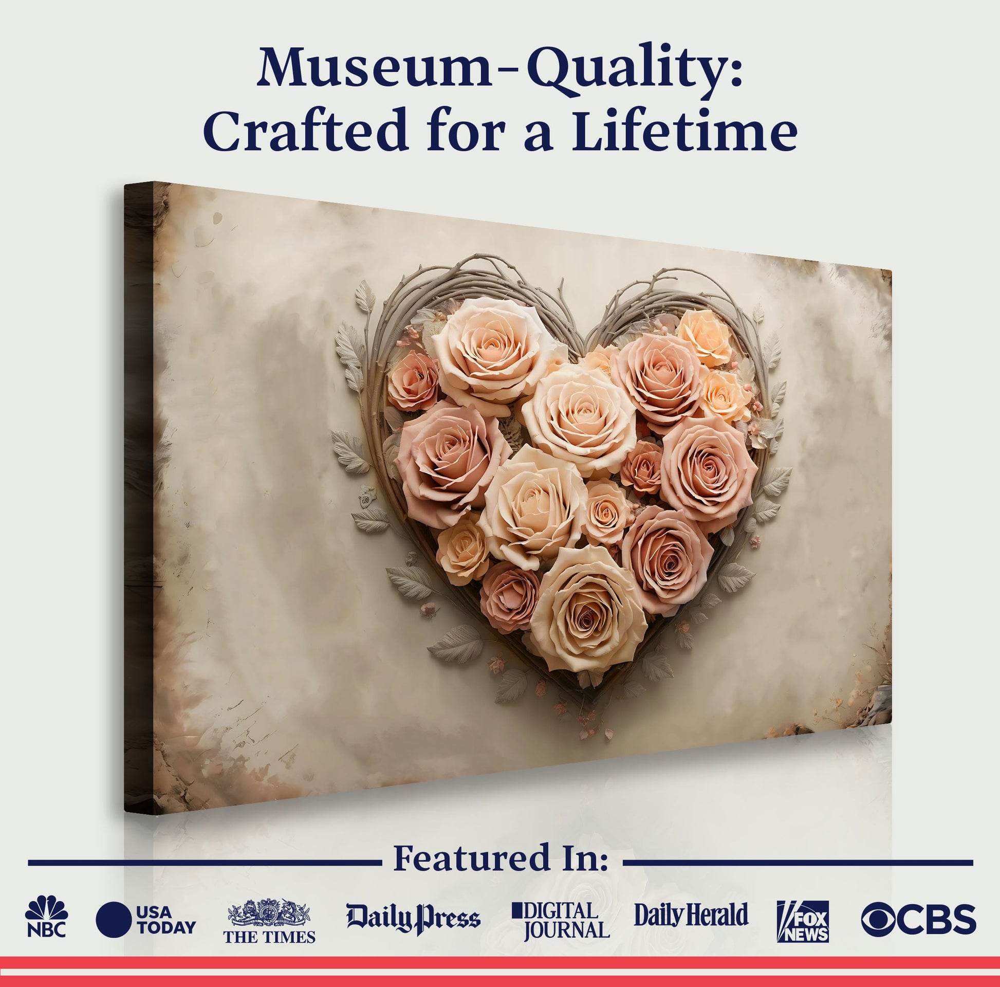 3D Floral Heart Wall Art III canvas by Tailored Canvases, peach roses arranged in a heart on Tampa Home & Garden Store