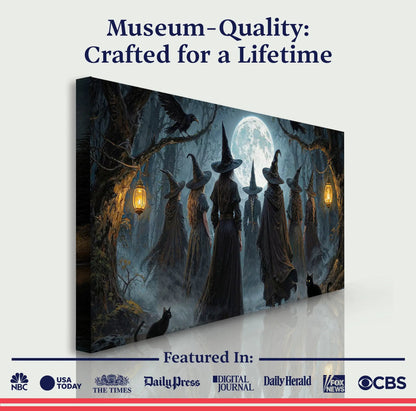Coven of Witches Halloween Wall Art canvas by Tailored Canvases; moonlit forest with witches in hats and lanterns on Tampa Home & Garden Store