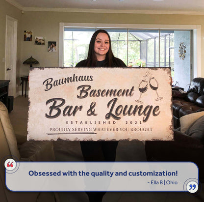 Canvas sign Personalized Basement Bar Sign by Tailored Canvases with distressed white finish on Tampa Home & Garden Store
