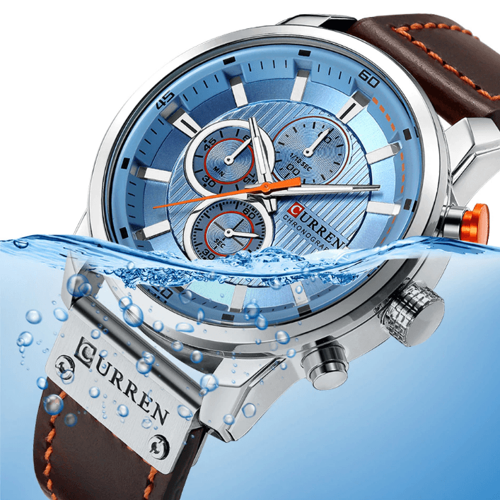 Men's waterproof sport watch with blue chronograph dial and brown leather strap Curren on Tampa Home & Garden Store
