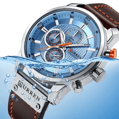 Men's waterproof sport watch with blue chronograph dial and brown leather strap Curren on Tampa Home & Garden Store