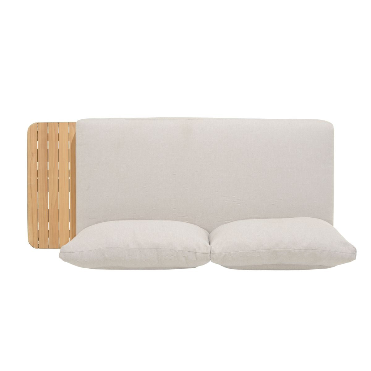 Portals Light 2-Seat Sofa by LifestyleGarden US, outdoor beige cushions with slat side panel on Tampa Home & Garden Store
