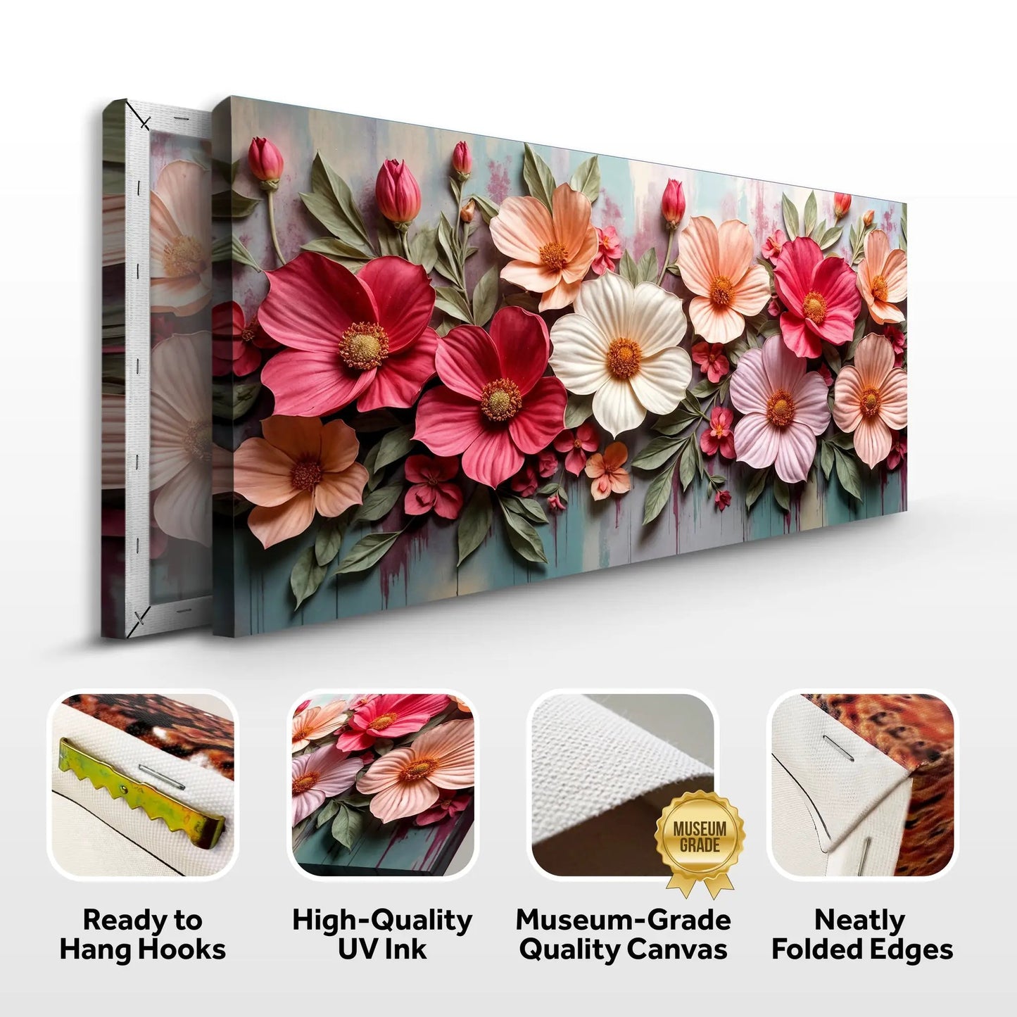 Canvas Colorful Floral Realistic Wall Art II, pink and peach flowers on blue-gray background on Tampa Home & Garden Store