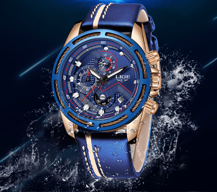 Stevvex waterproof men's sports watch blue dial with blue leather strap and chronograph on Tampa Home & Garden Store