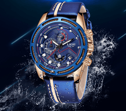 Stevvex waterproof men's sports watch blue dial with blue leather strap and chronograph on Tampa Home & Garden Store