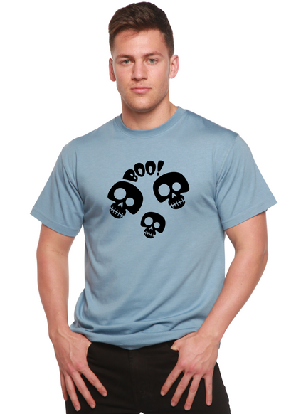 Halloween Boo unisex bamboo viscose/organic cotton tee in light blue with black skulls on Tampa Home & Garden Store