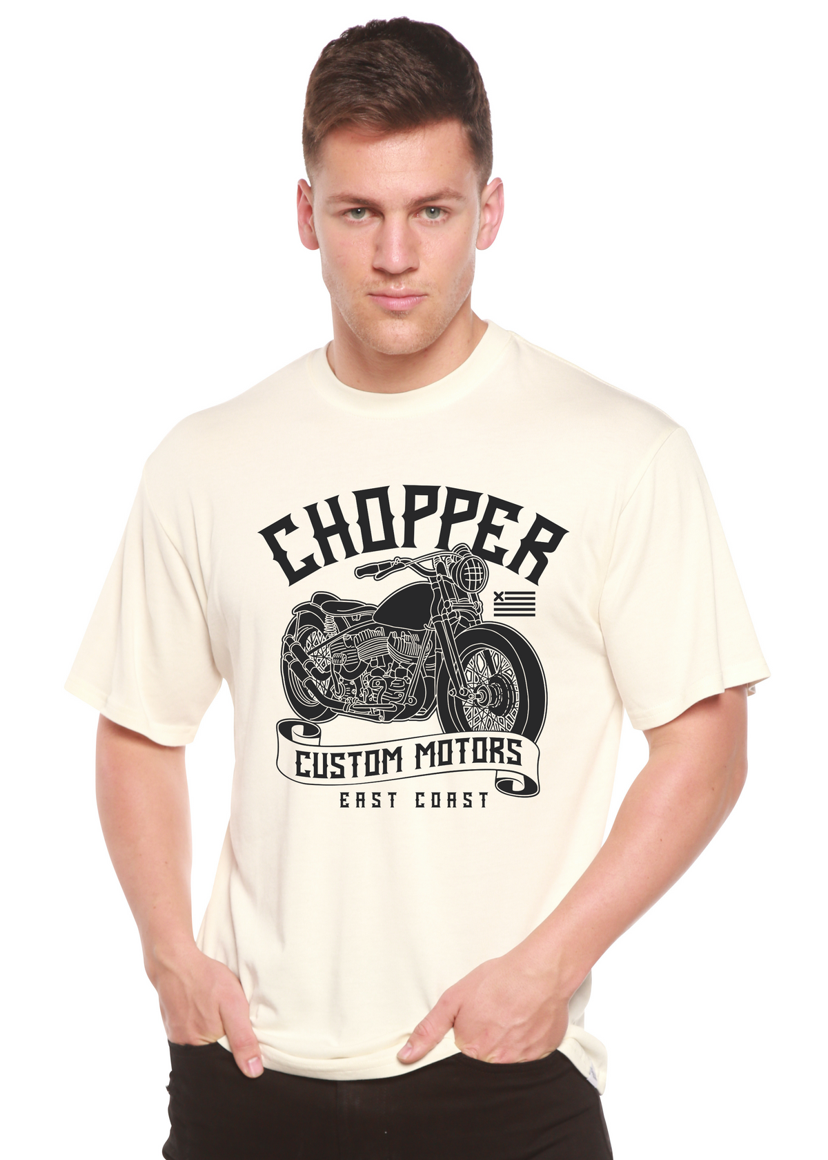 Chopper Custom Motors men's graphic tee cream with black motorcycle art Spun Bamboo on Tampa Home & Garden Store