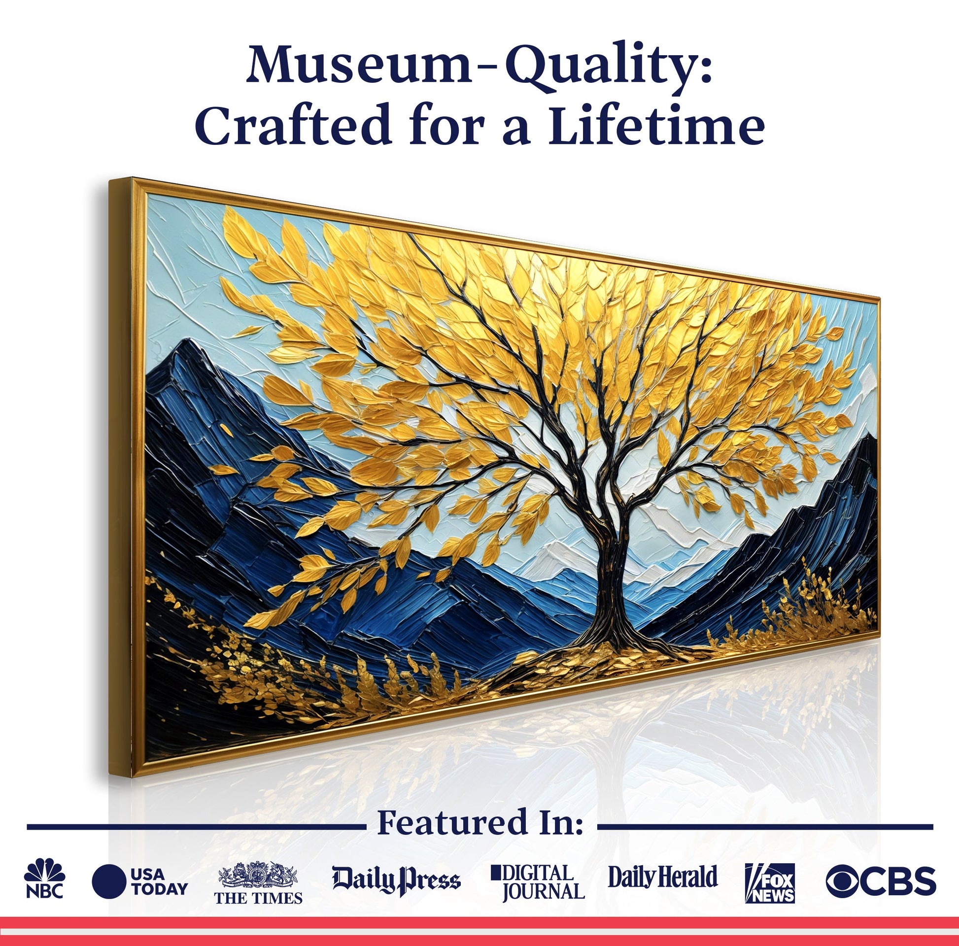 Golden Sanctuary Wall Art canvas by Tailored Canvases, gold leaf tree on blue background on Tampa Home & Garden Store