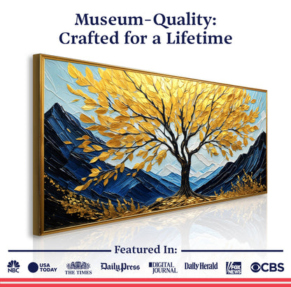 Golden Sanctuary Wall Art canvas by Tailored Canvases, gold leaf tree on blue background on Tampa Home & Garden Store