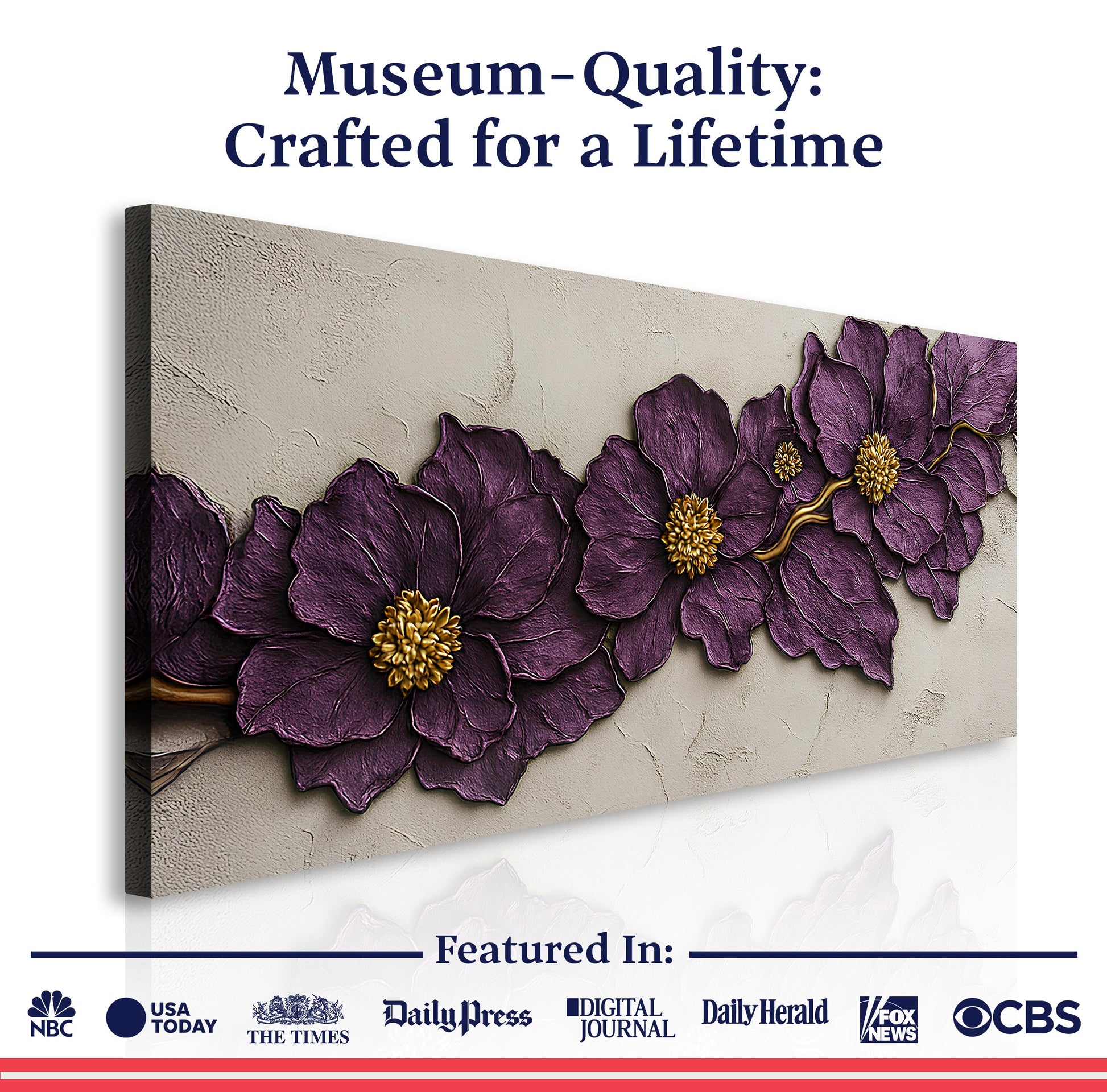 Purple flower plaster wall art canvas with textured beige background on Tampa Home & Garden Store