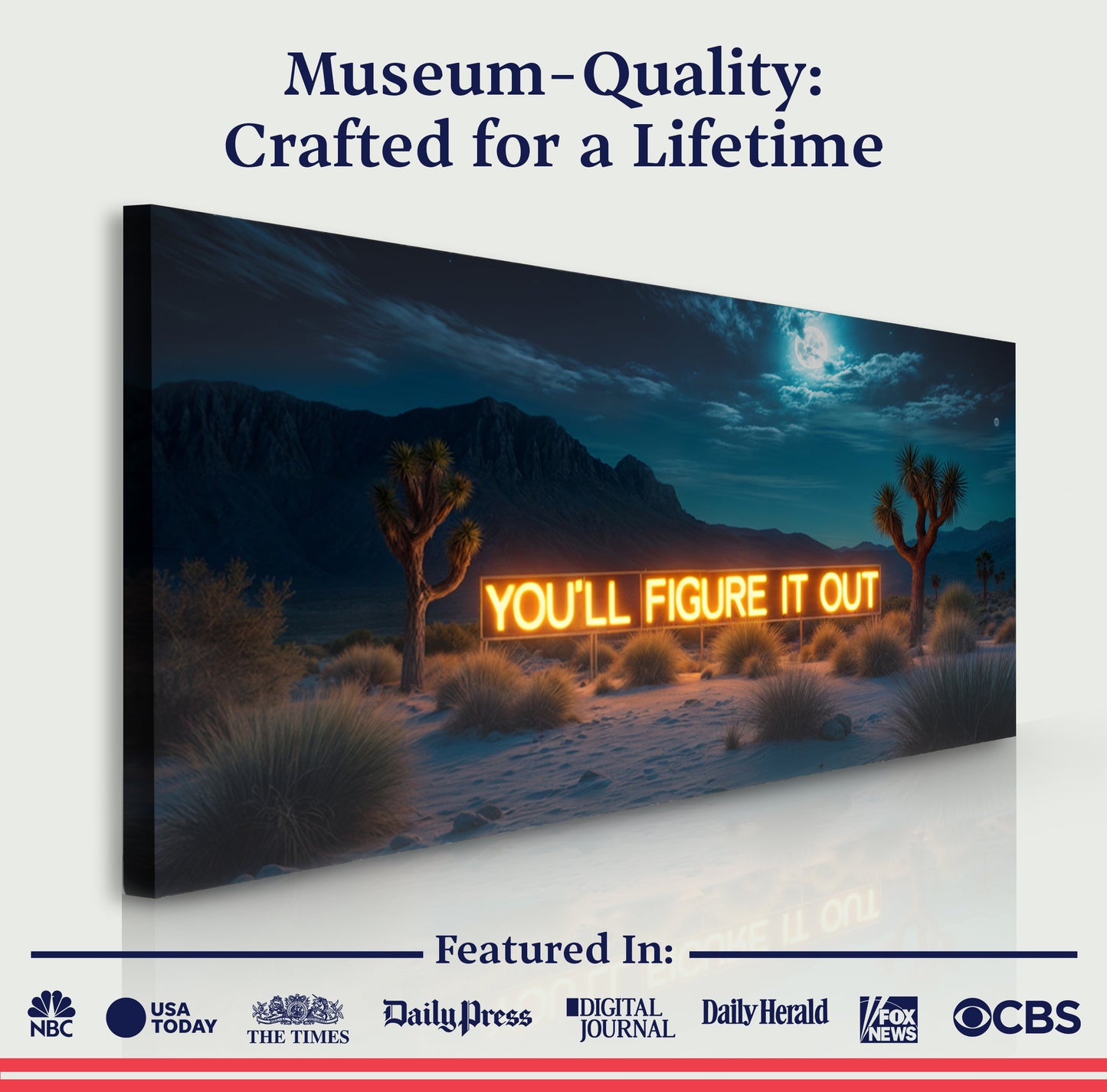Canvas wall sign by Tailored Canvases; You'll Figure It Out neon orange text over a desert scene on Tampa Home & Garden Store