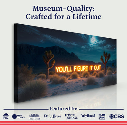 Canvas wall sign by Tailored Canvases; You'll Figure It Out neon orange text over a desert scene on Tampa Home & Garden Store