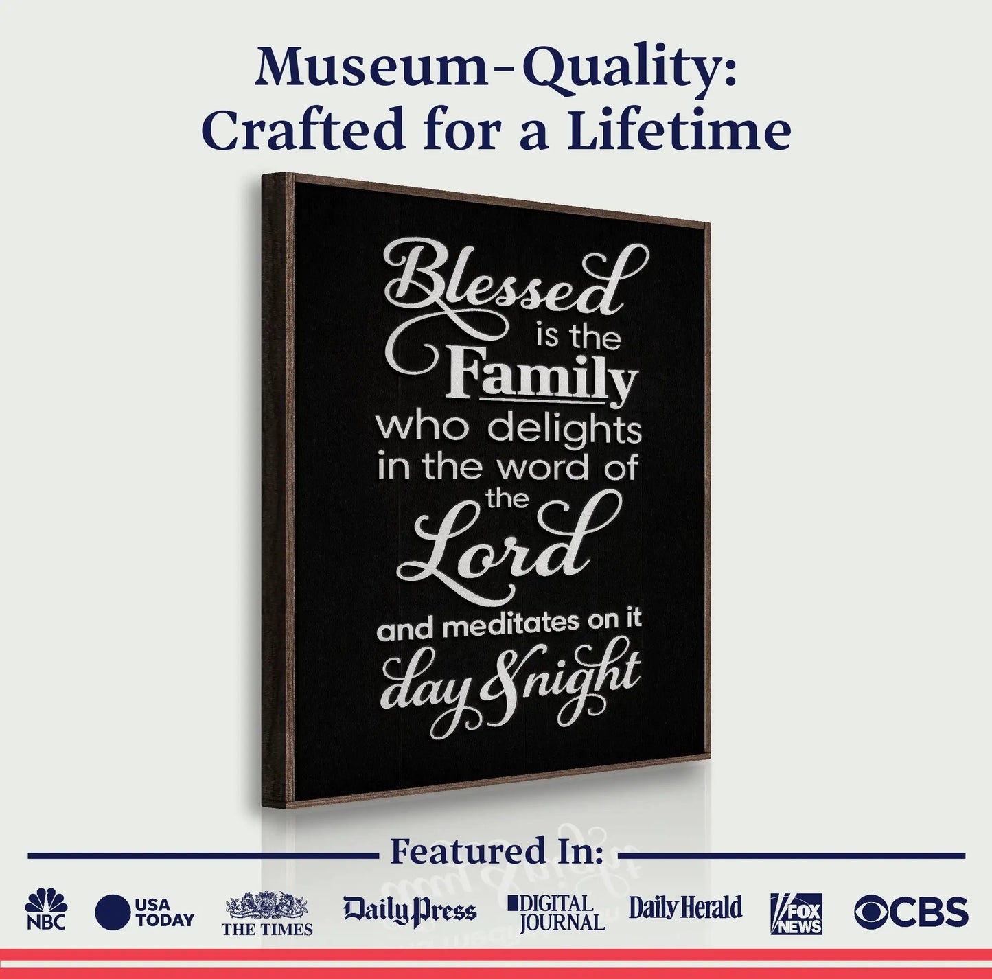 Blessed Is The Family Faith Sign II canvas black panel with script by Tailored Canvases on Tampa Home & Garden Store
