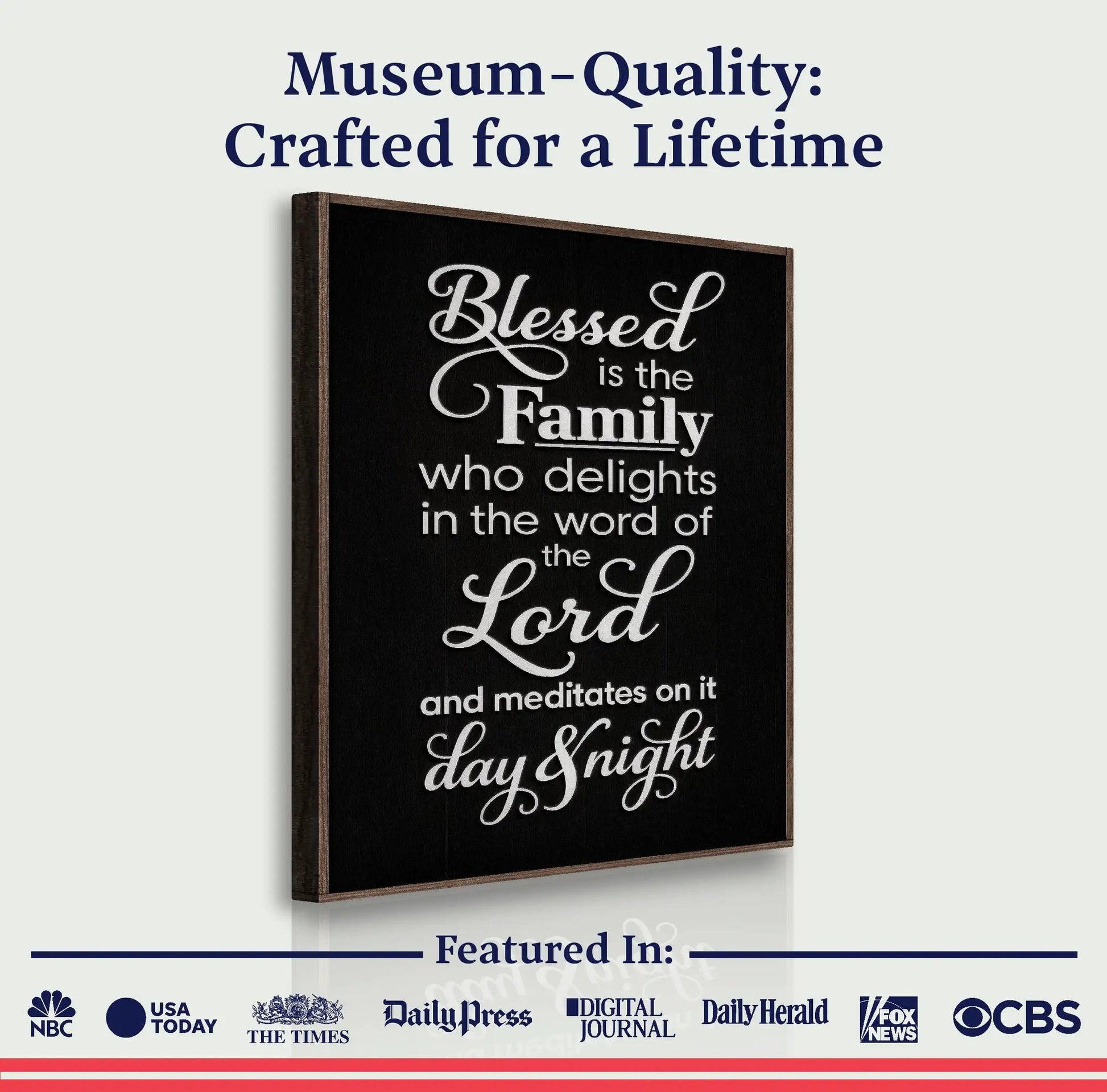 Blessed Is The Family Faith Sign II canvas black panel with script by Tailored Canvases on Tampa Home & Garden Store