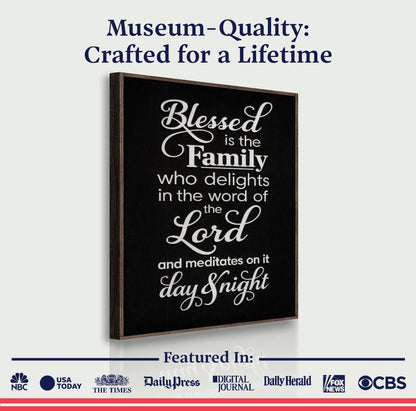 Blessed Is The Family Faith Sign II canvas black panel with script by Tailored Canvases on Tampa Home & Garden Store