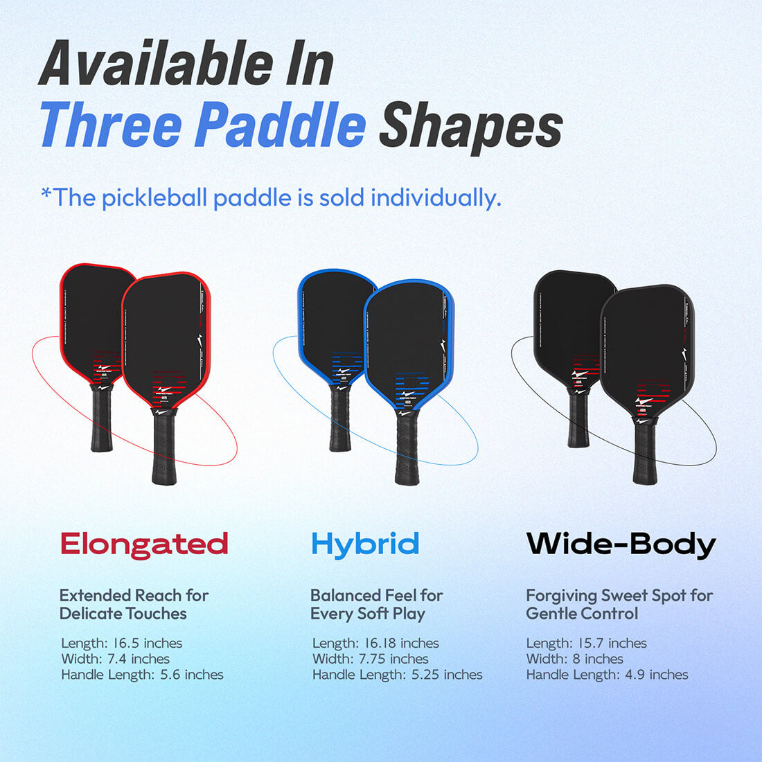 Rhythm Pickleball Paddle Hybrid by Warping Point, black with blue trim, three shapes on Tampa Home & Garden Store