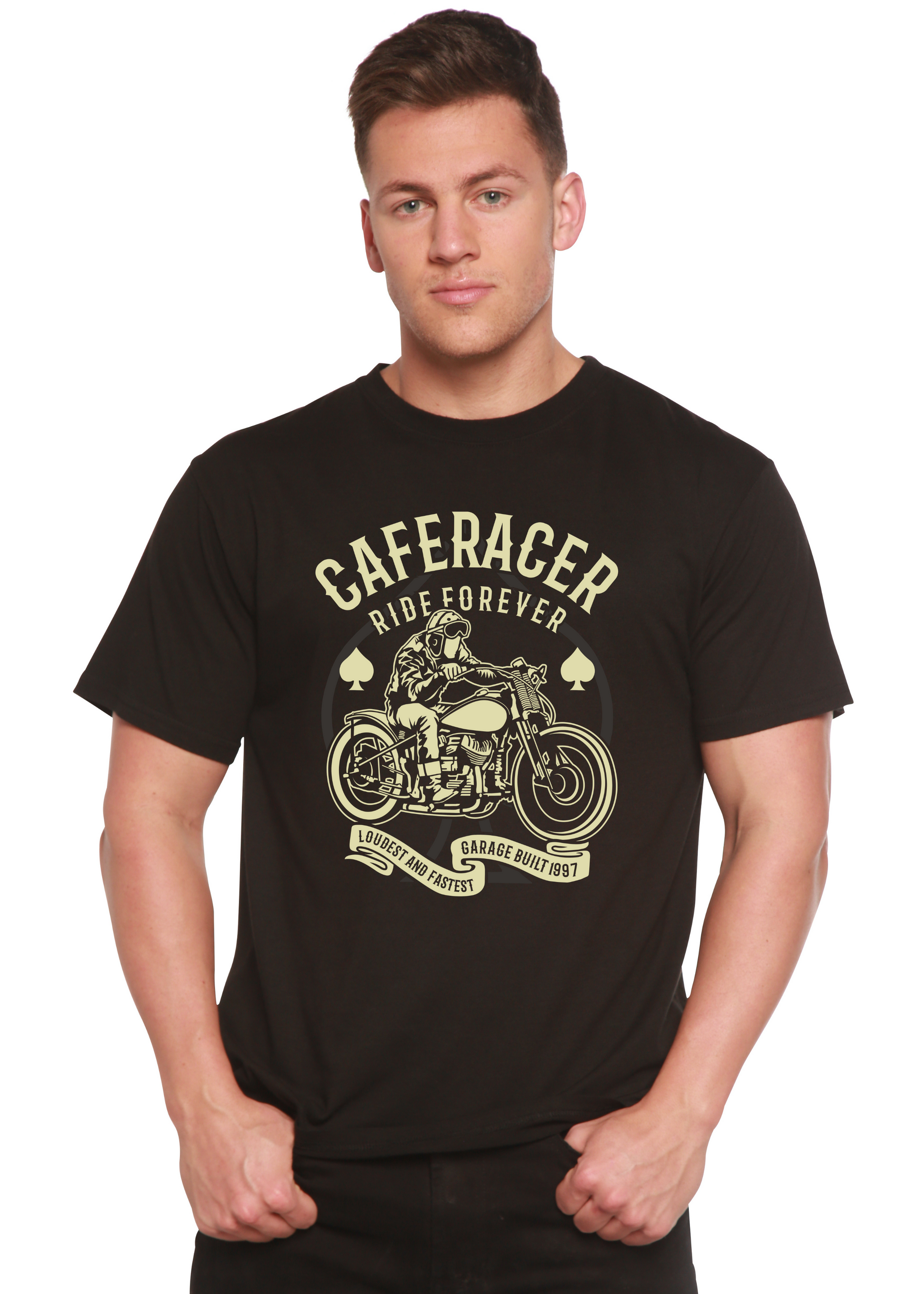 Caferacer Ride Forever men's black bamboo viscose tee with beige motorcycle print by Spun Bamboo on Tampa Home & Garden Store