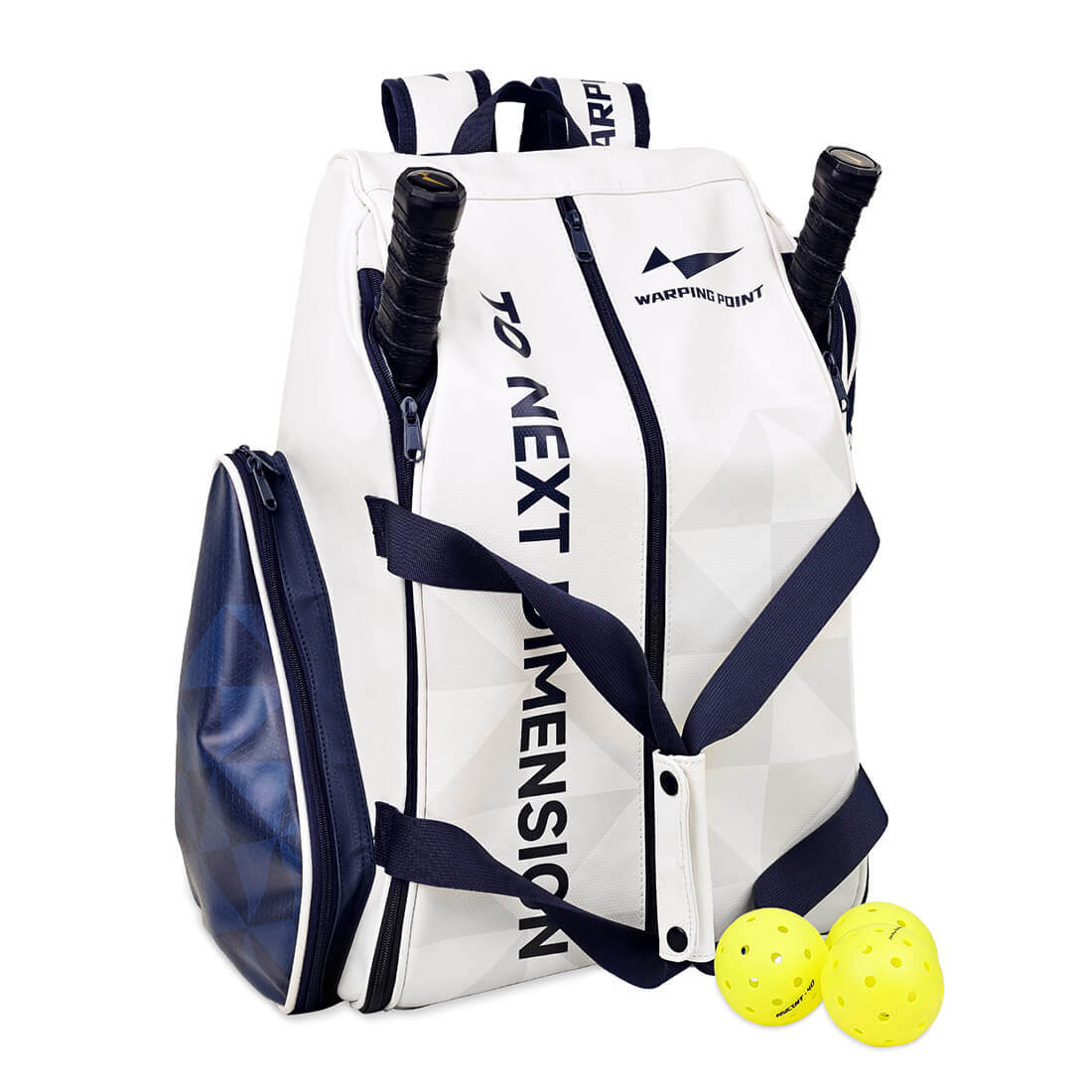 Pro Team Pickleball Bag by Warping Point, side paddle storage with two yellow pickleballs on Tampa Home & Garden Store