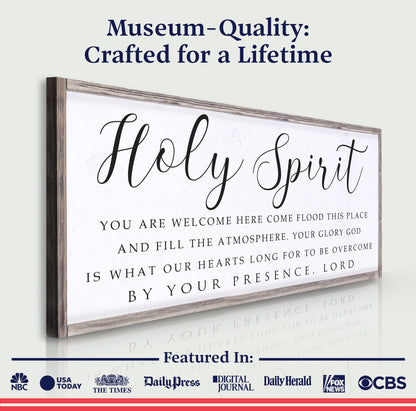 Canvas sign Holy Spirit You Are Welcome Here II with black script on white canvas on Tampa Home & Garden Store