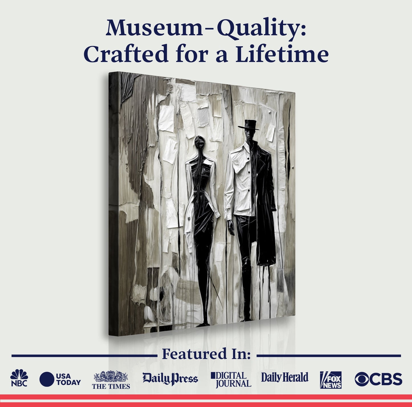 Beige and black minimalist canvas wall art depicting two suited figures against a backdrop on Tampa Home & Garden Store